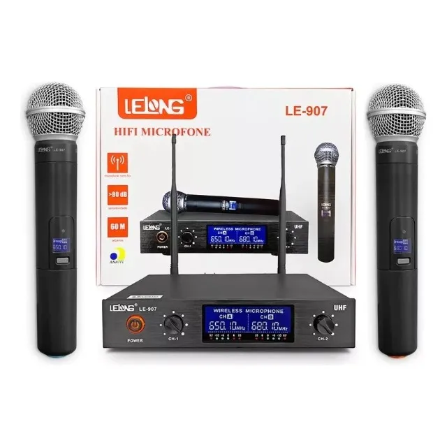 Microfone Sem Fio Duplo Lelong LE-907 UHF Profissional - Alcance 60m, Display Digital
