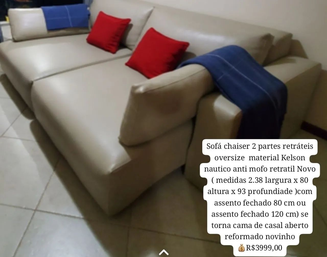 Sofá Chaise Retrátil Kelson Nautico Novo