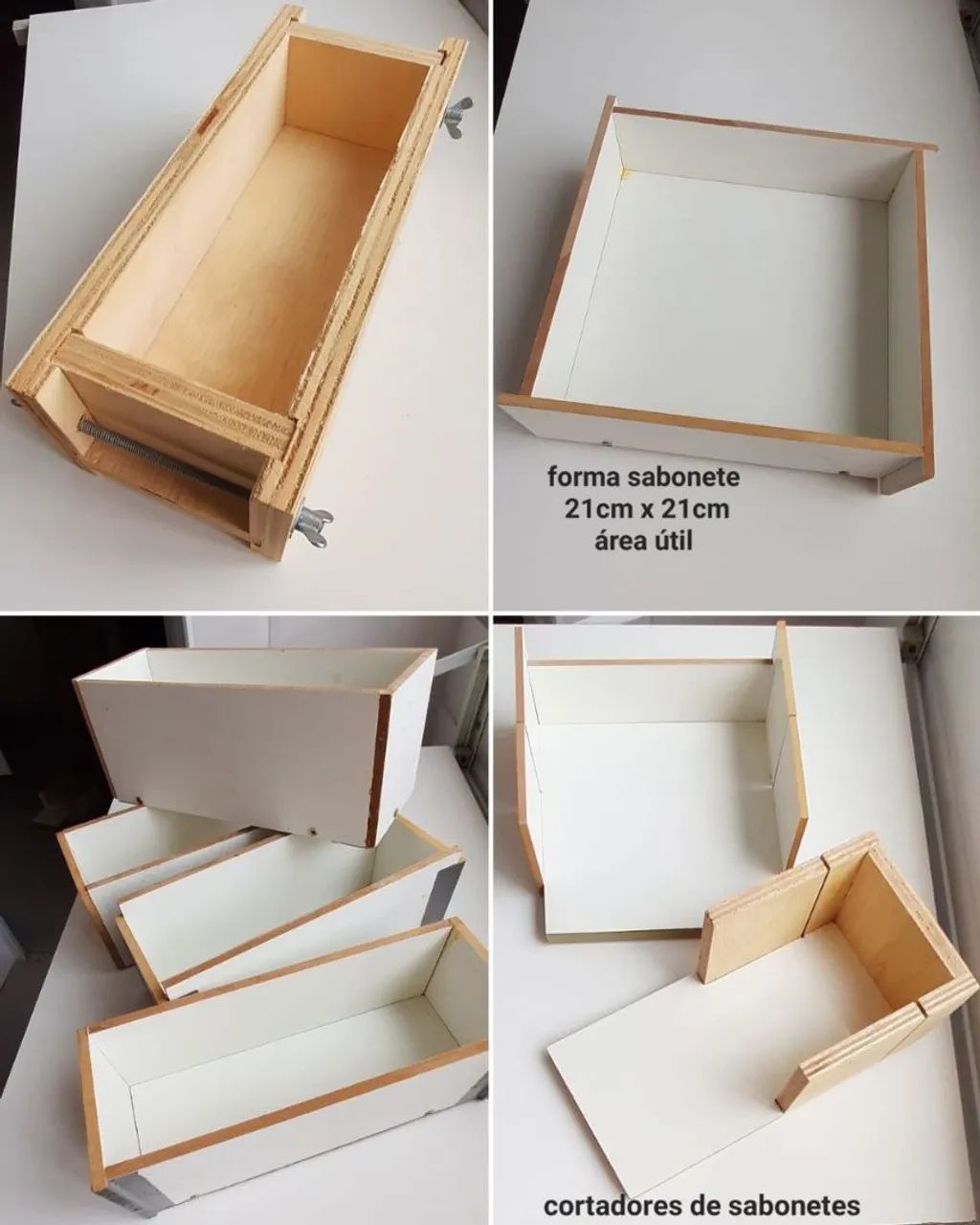 Formas madeira e silicone p sabonetes, 3 cortadores sendo 1 deles da segredo em corte
