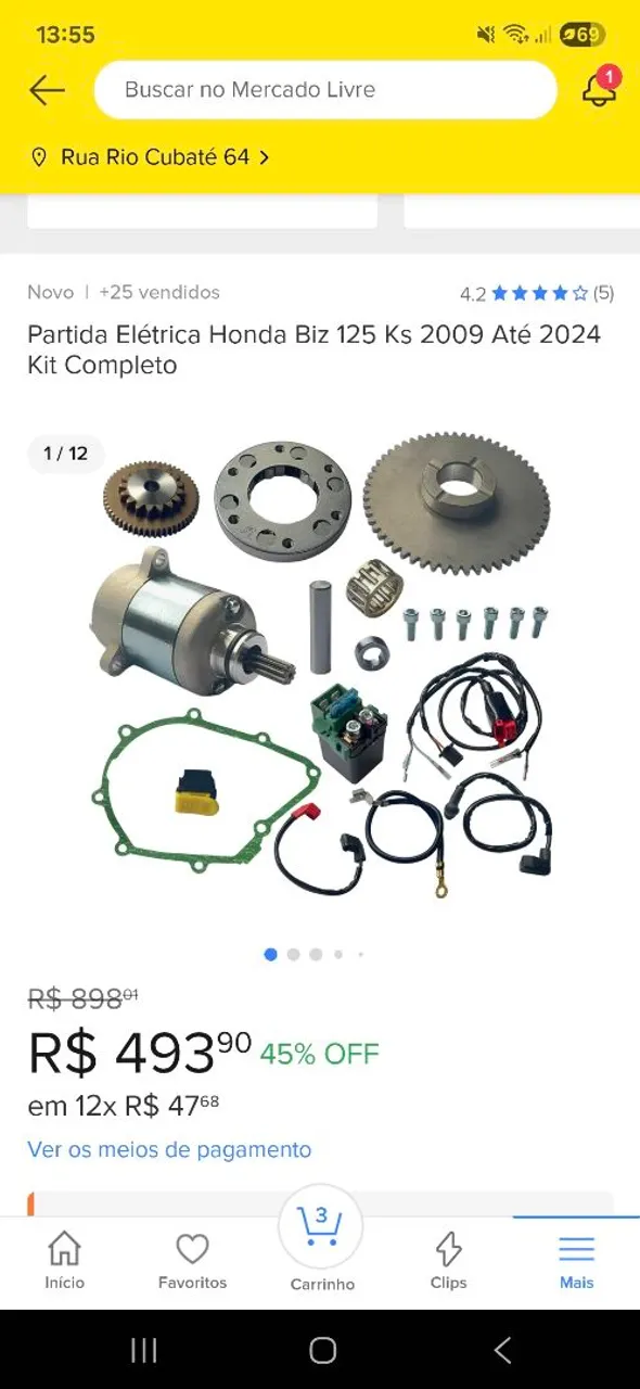 Partida Elétrica Honda Biz 125 Ks 2009 Até 2024 - Kit Completo
