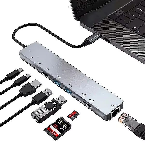 Conversor Tipo C P/ HDMI, 2 USB 3.0, 2 Tipo C, 2 Leitor SD/Micro SD e Rj45 1000Mbps - Foto 4