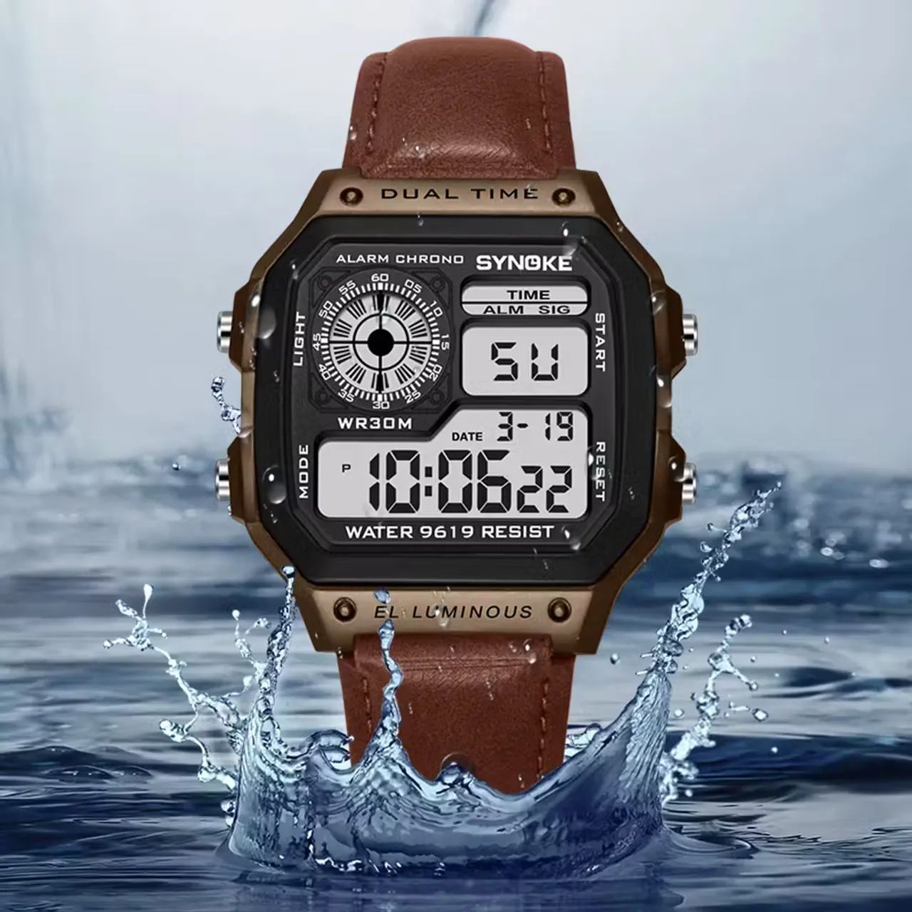  Relógio esportivo masculino SYNOKE com pulseira de couro digital - Foto 2
