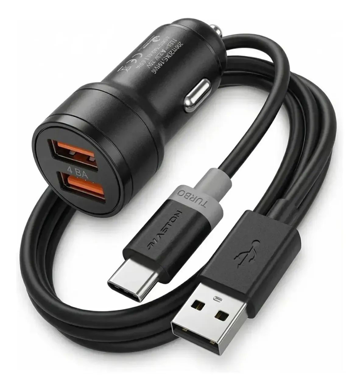 Carregador Veicular 4.8A 2 USB Com Cabo Tipo C Carga Rápida Preto<br>