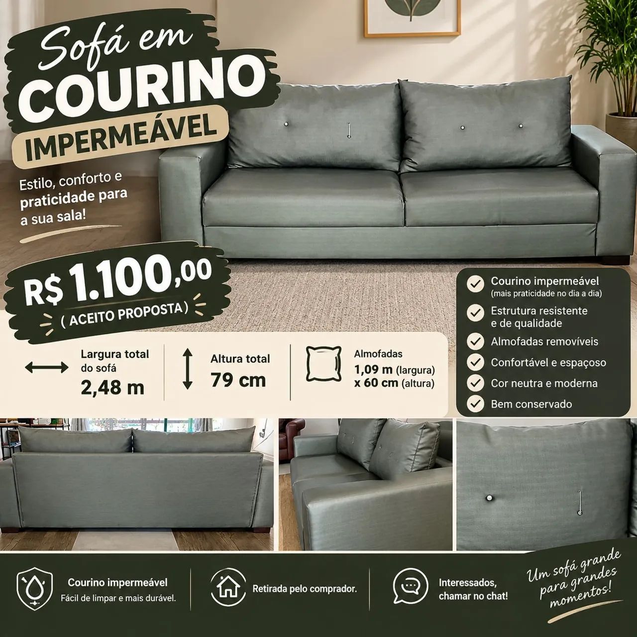 SOFÁ EM COURINO IMPERMEÁVEL - 2,48 METROS