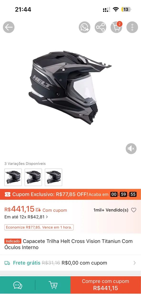 プペルページ2 Capacete 58 Cross Helt viseira dupla muito novo - Peças para motos