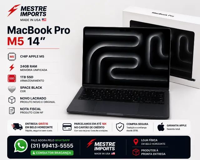 MacBook Pro M5 14 polegadas 24GB RAM 1TB SSD Space Black - Novo - Nota Fiscal