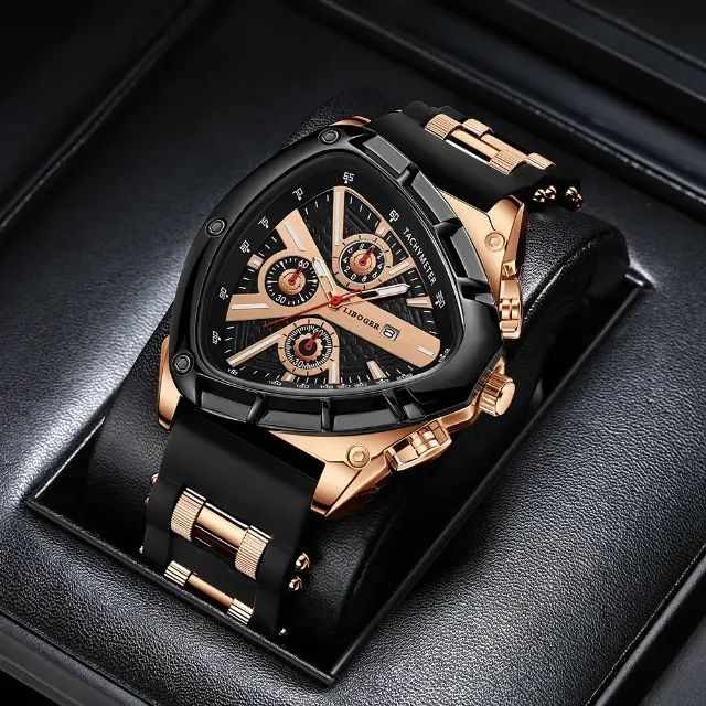 (NOVO) - Relógio Triangular Elegante de Pulso - Preto e Dourado - Pulseira de Silicone - Foto 3