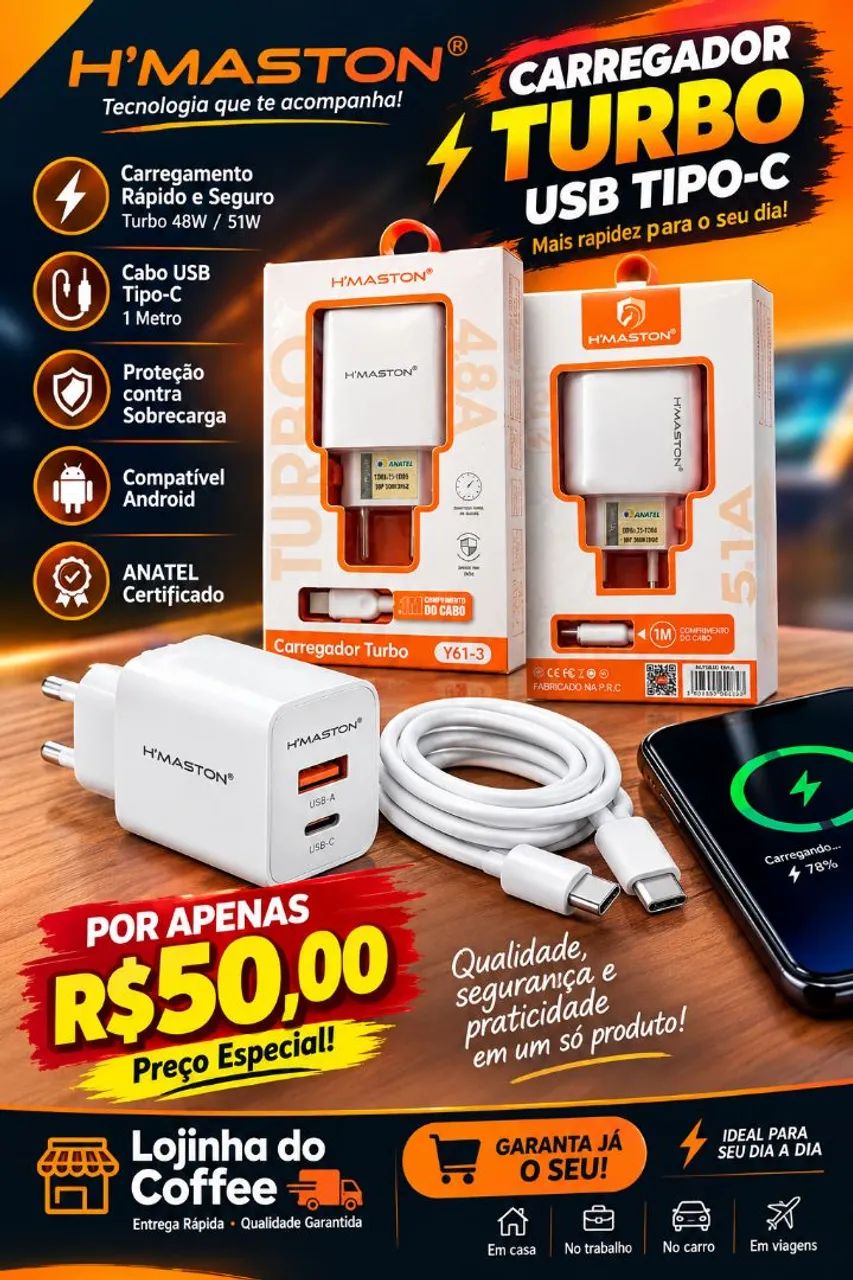 Carregador Turbo USB Tipo C