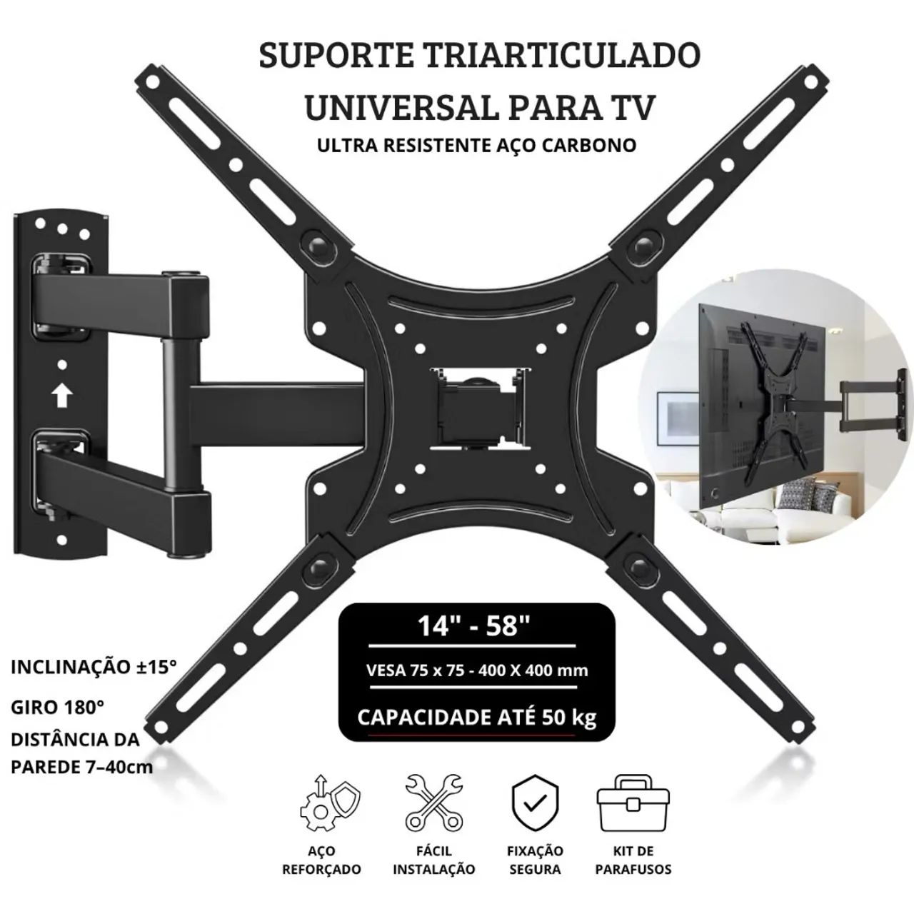  Suporte articulado para TVs e monitores de 14? a 55?, com ajuste.