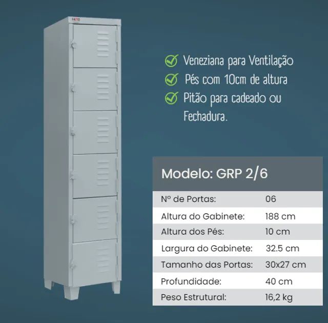 Armário de Aço 06 Portas Mini - Roupeiro de Aço 06 Portas - GRP2/6