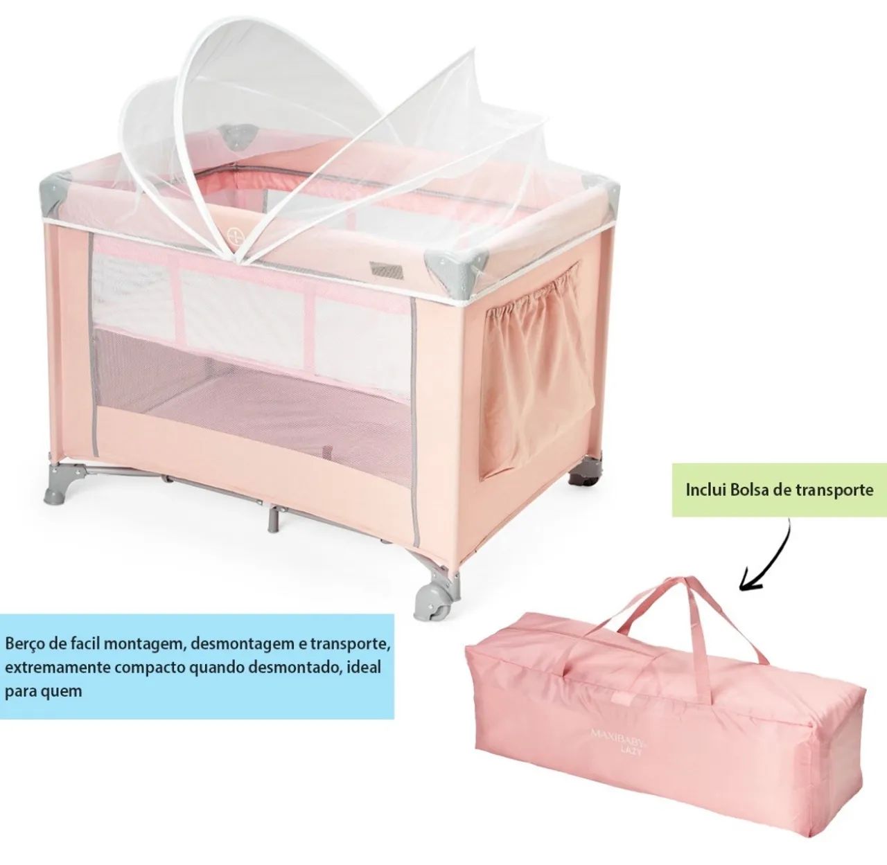 Berço Portátil Rosa para Bebê - Foto 2