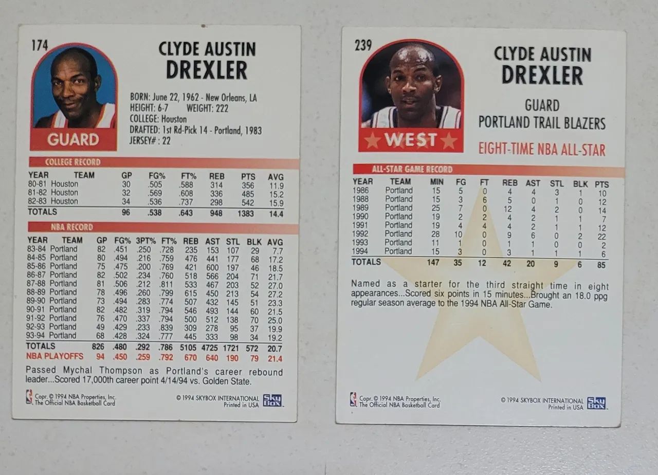 LOTE COM 5 Cards NBA Clyde Drexler - All Star, Portando Trail Blazers, Houston Rockets - Foto 4