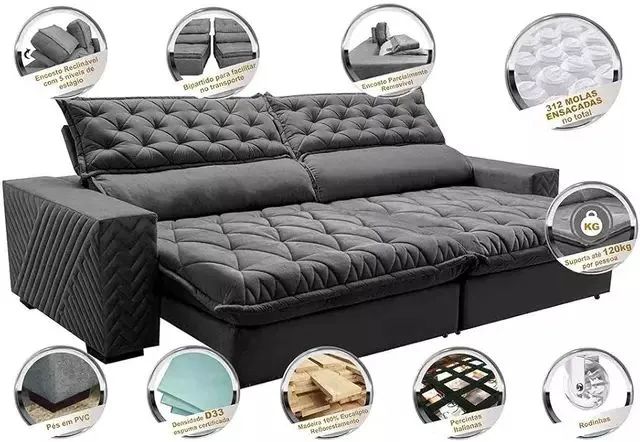 Sofá Retrátil e Reclinável 2,95m Molas Ensacadas Cama inBox Spazus com Bordado 3D Velusoft - Foto 4
