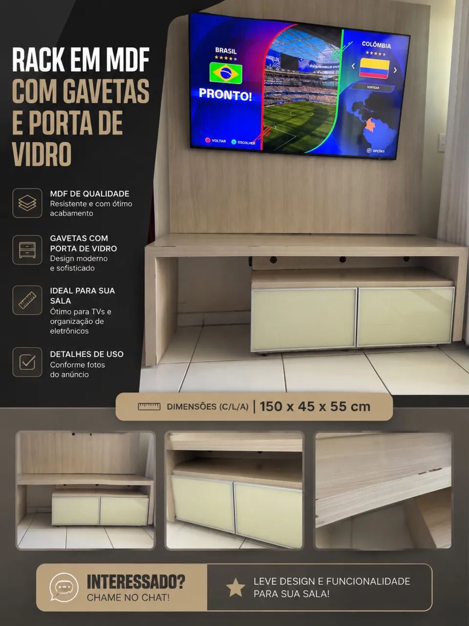 Rack de sala com duas gavetas com portas de vidro  - Foto 2