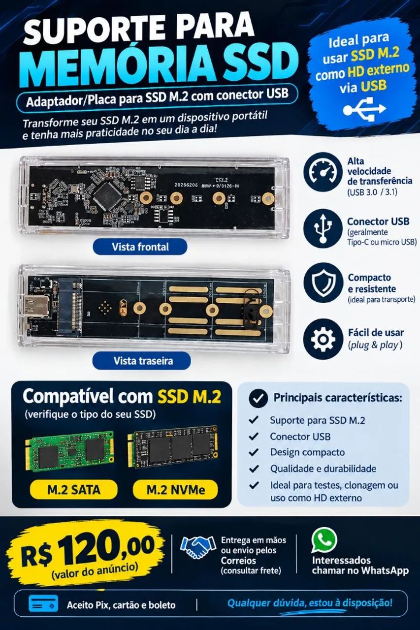  Suporte / Adaptador para SSD M.2 USB