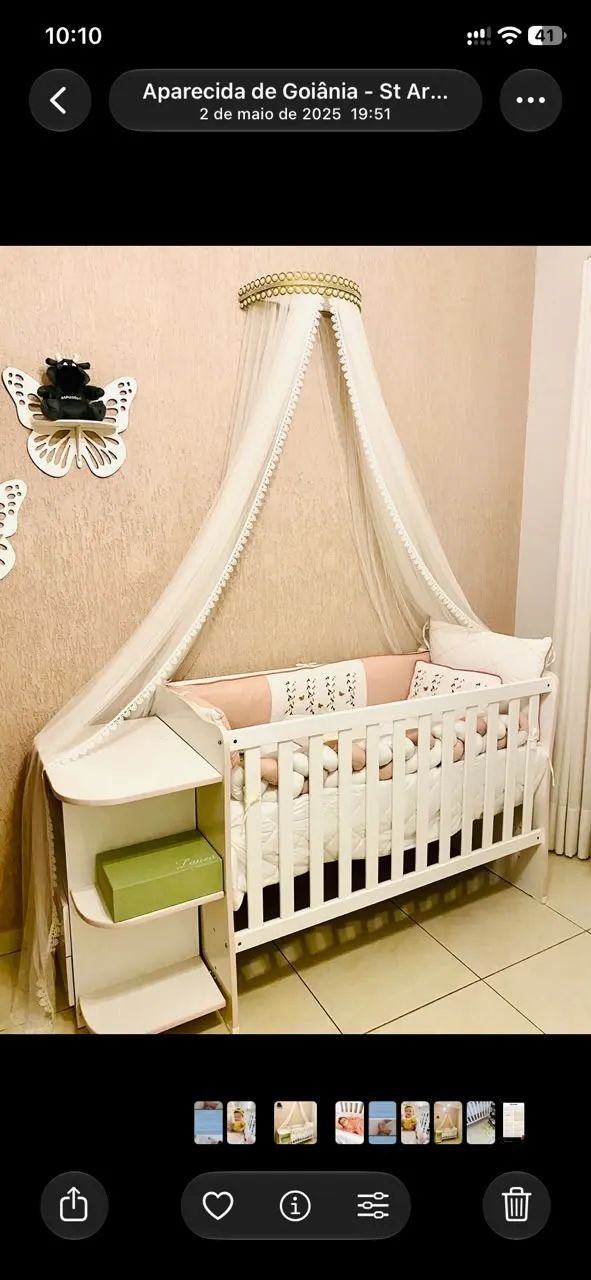 Kit berço branco com colchão novo e dossel com cortinado