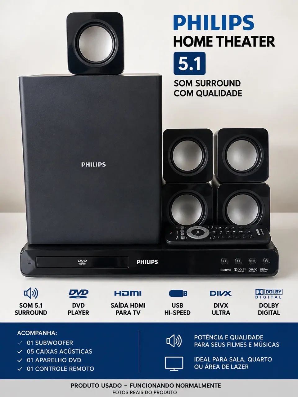 Home Theater Philips 5.1 com DVD + Controle.