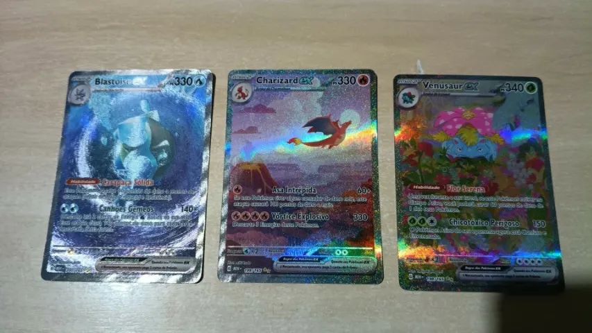 Kit 3 Cartas Fullart Pokemon 151 TCG Charizard, Venusaur e Blastoise todas NM