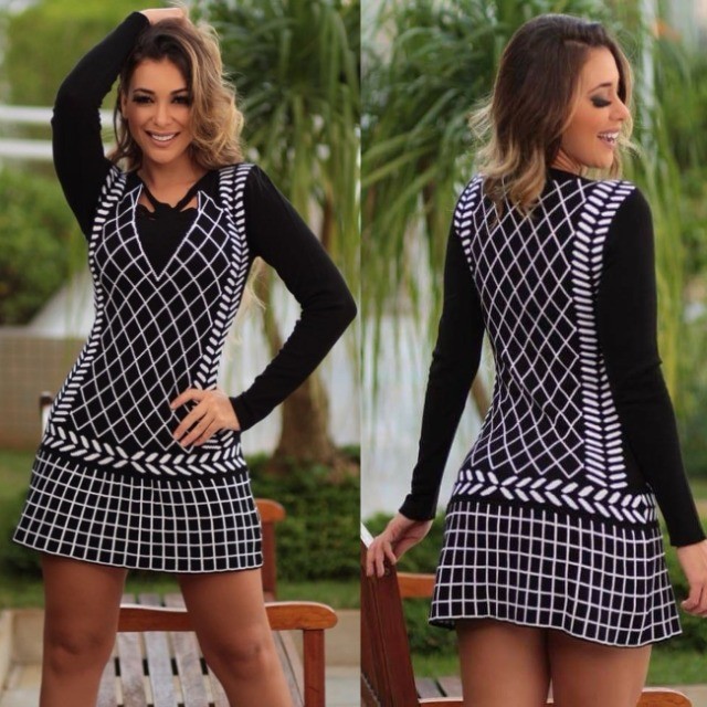 Vestido curto tricot trico manga longa modal xadrez