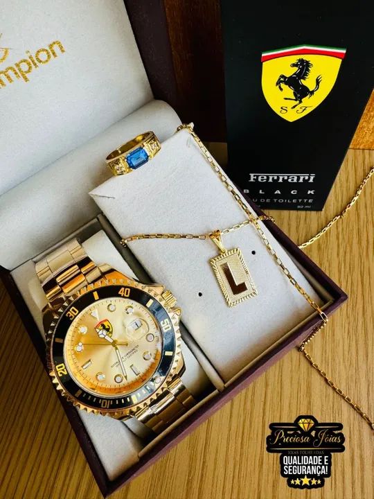 Kit relógio masculino top cordão com medalha de letra e anel e perfume  - Foto 4