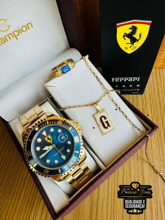 Kit relógio masculino top cordão com medalha de letra e anel e perfume 