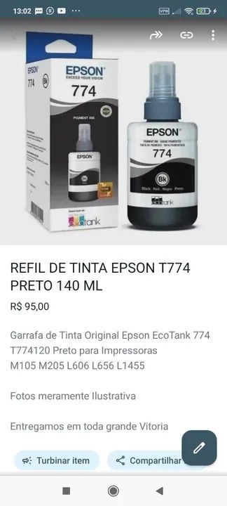 Refil Tinta Epson 774 Preto Original 140ml EcoTank Alta Durabilidade - Foto 3