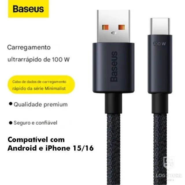 Cabo Baseus USB para Tipo C 100W Android iPhone 15 e 16 com 1 Metro - Foto 2