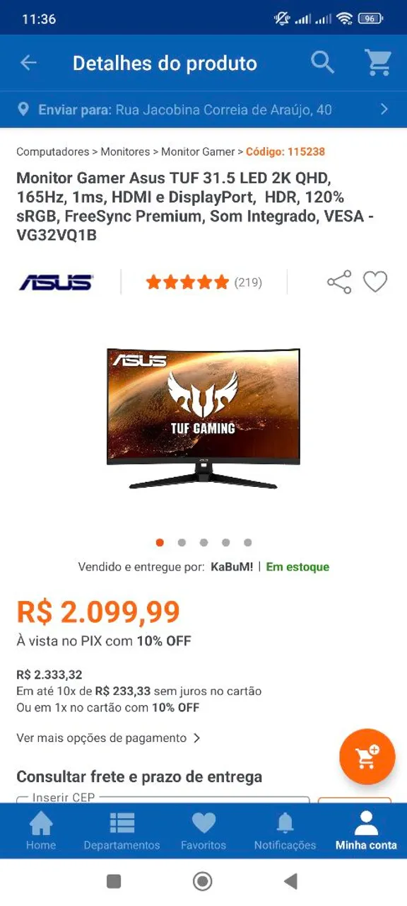 Monitor Gamer Asus TUF 31.5 LED 2K QHD 165Hz