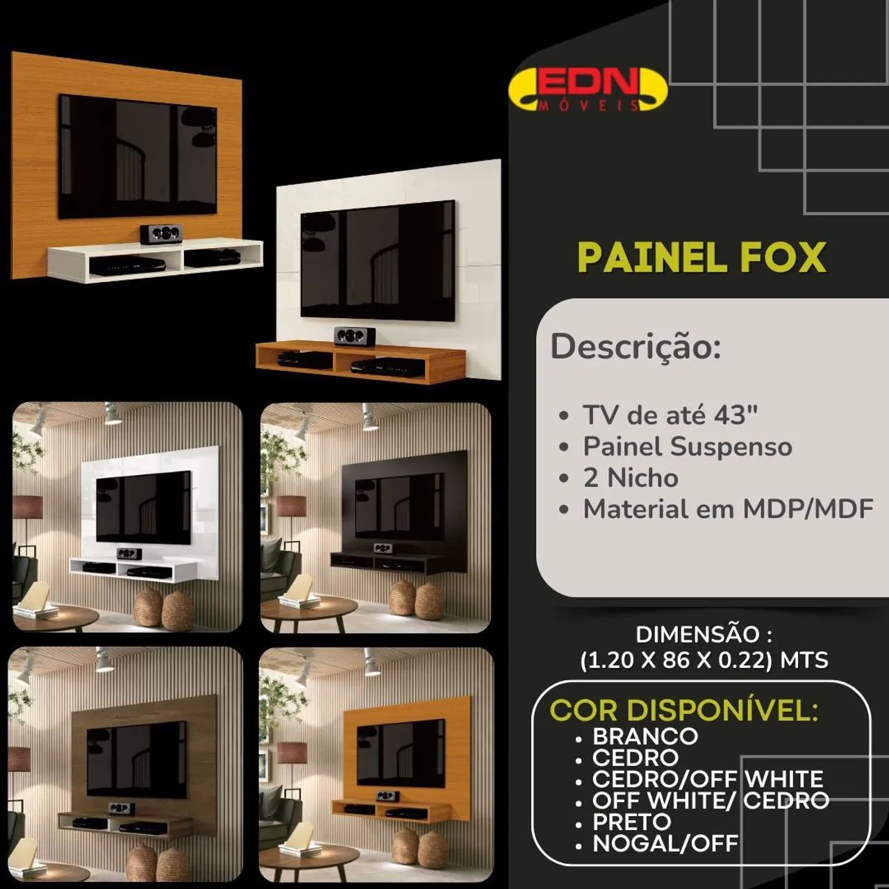 Painel para TV até 43 polegadas com 2 nichos - EDN Móveis
