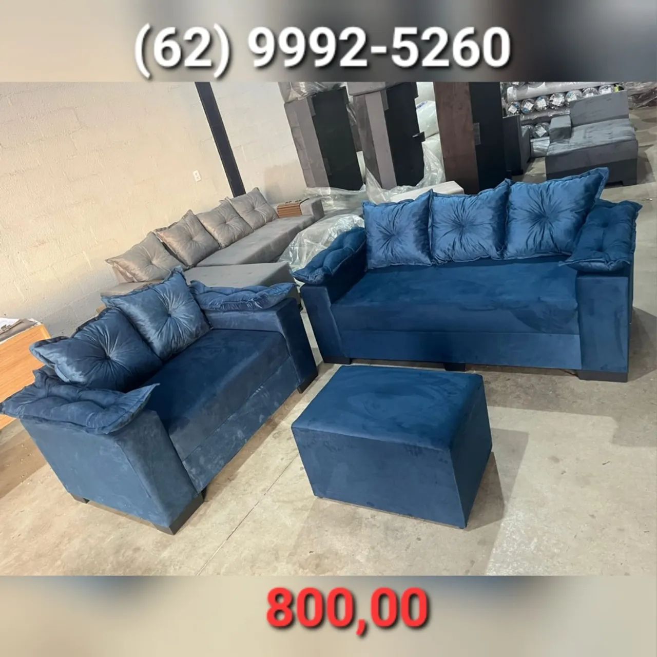 Sofá 2 e 3 Lugares  + Puff Azul