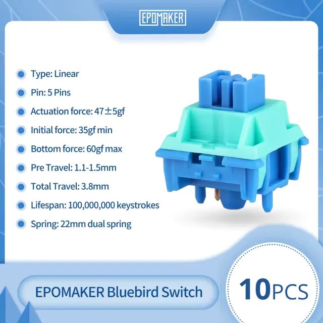 Switches Epomaker Bluebird - 10 Peças | Lineares, Novos, Lubrificados de Fábrica