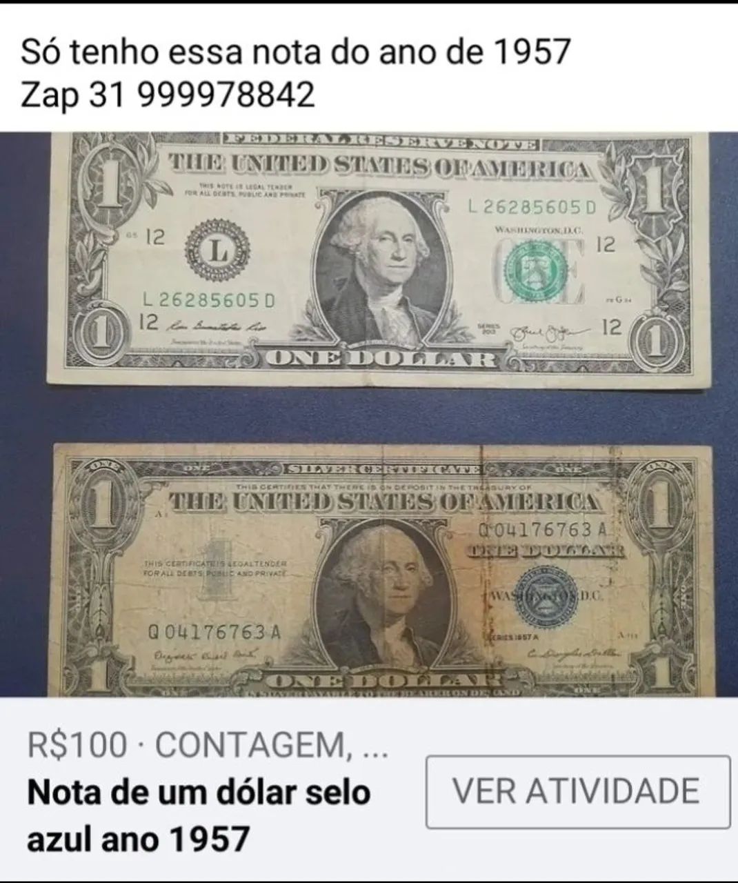 Nota de um dólar selo azul ano 1957