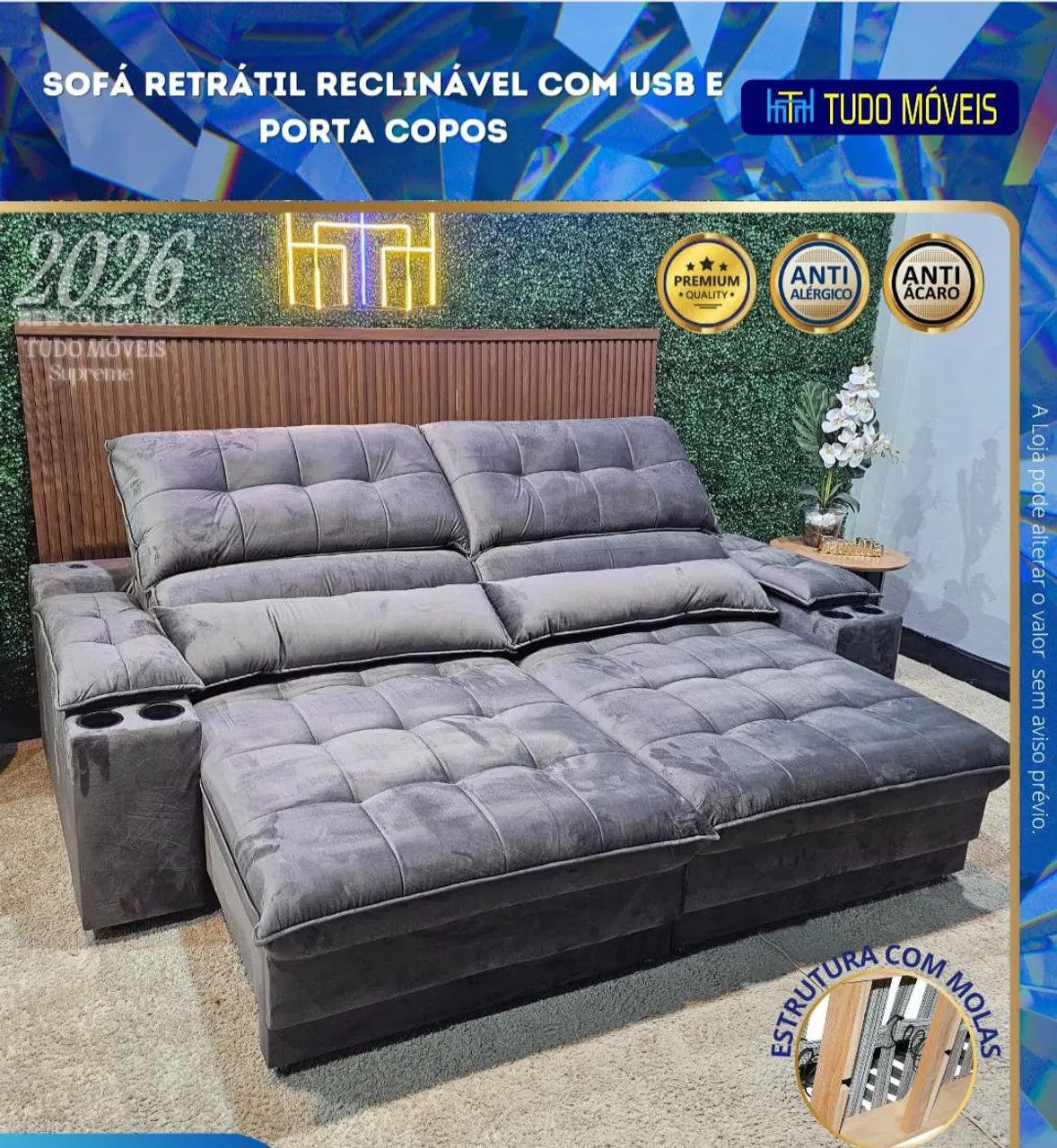 SOFA RETRÁTIL E RECLINÁVEL IDEAL PARA ATE 4 PESSOAS ENTRADAS USB E PORTAS COPOSS - Foto 2