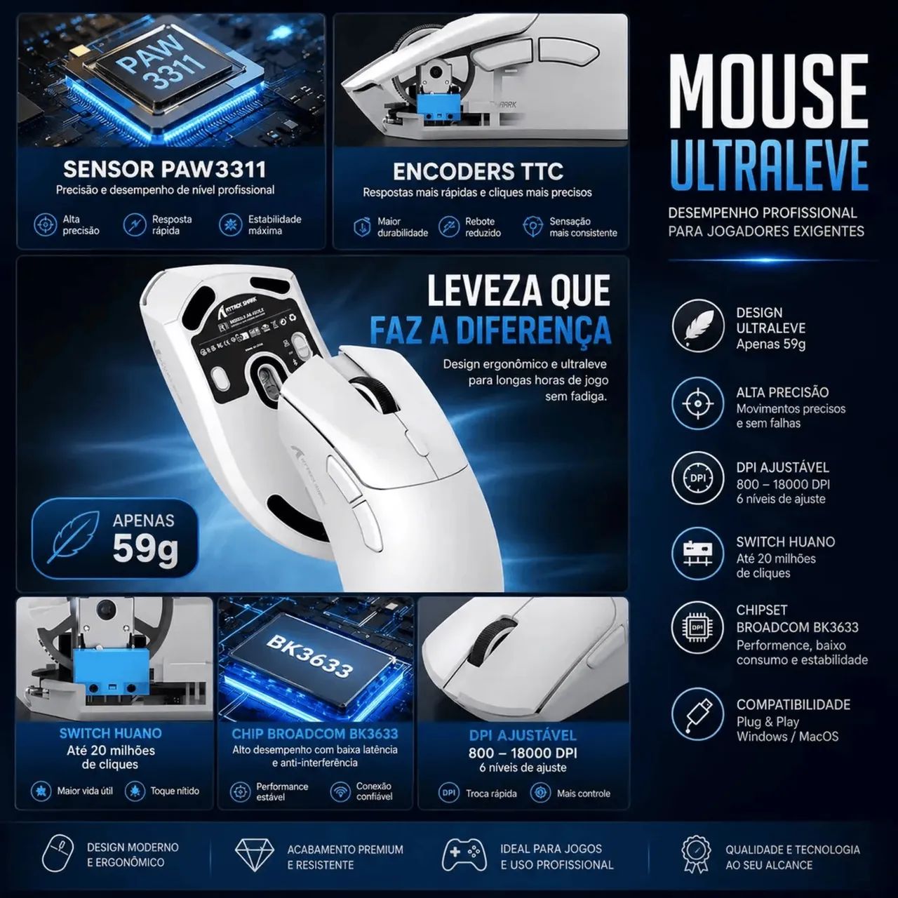 Attack Shark R1 Branco Wireless Tri-Mode (LACRADO) - Foto 4