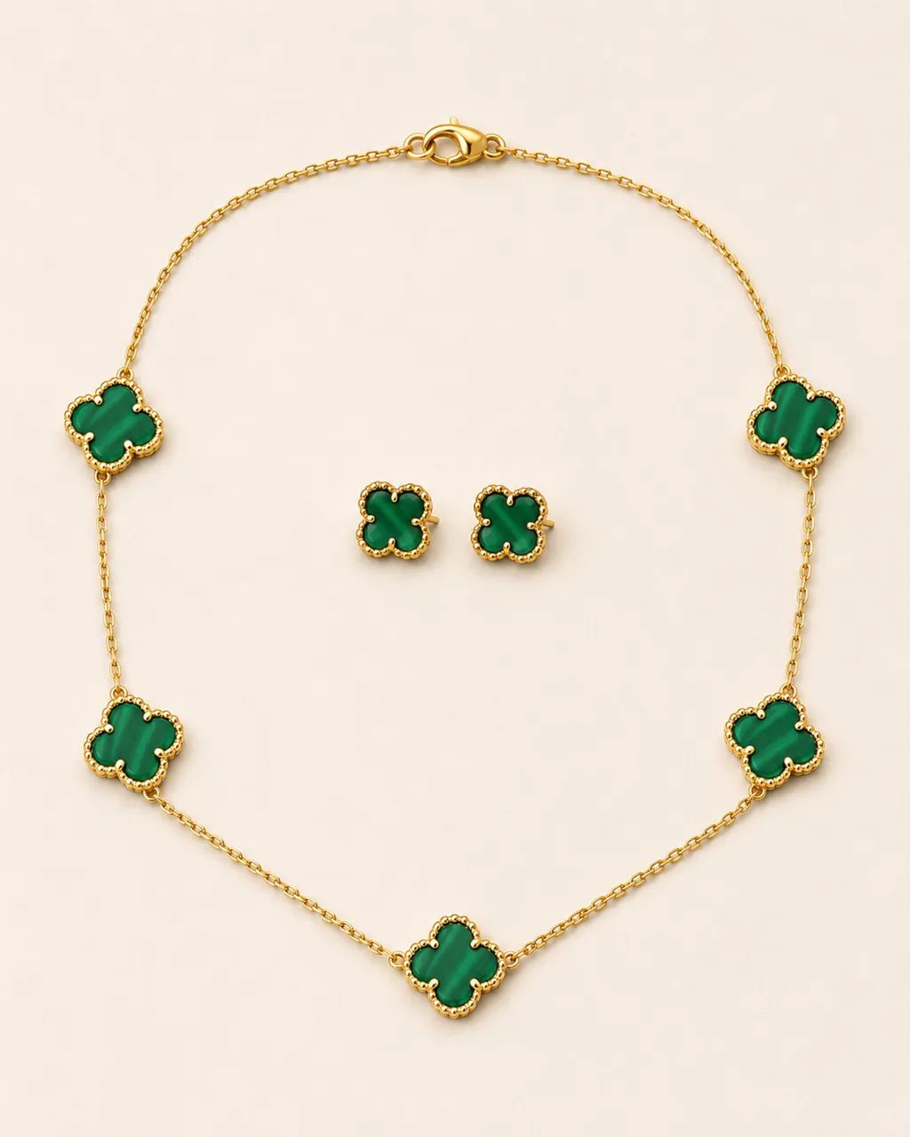 Conjunto Trevo Malaquita e ouro 18k 750