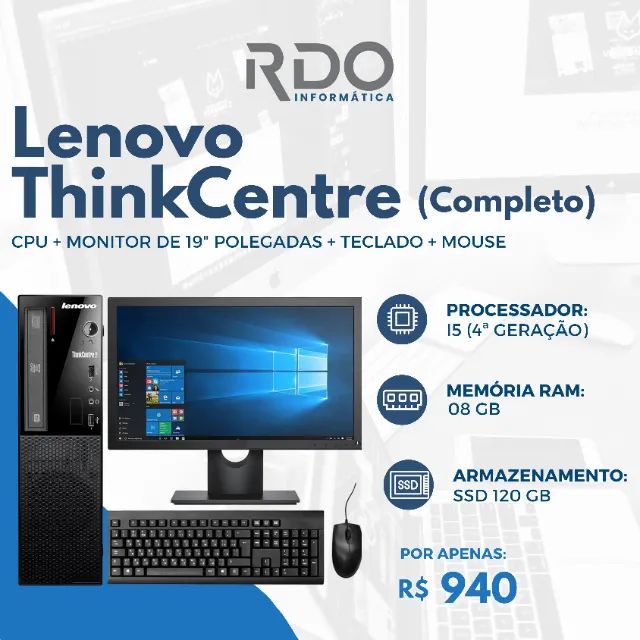 PC Lenovo ThinkCentre i5 4ª Geração 8GB SSD 120GB Completo - PC Pronto para uso