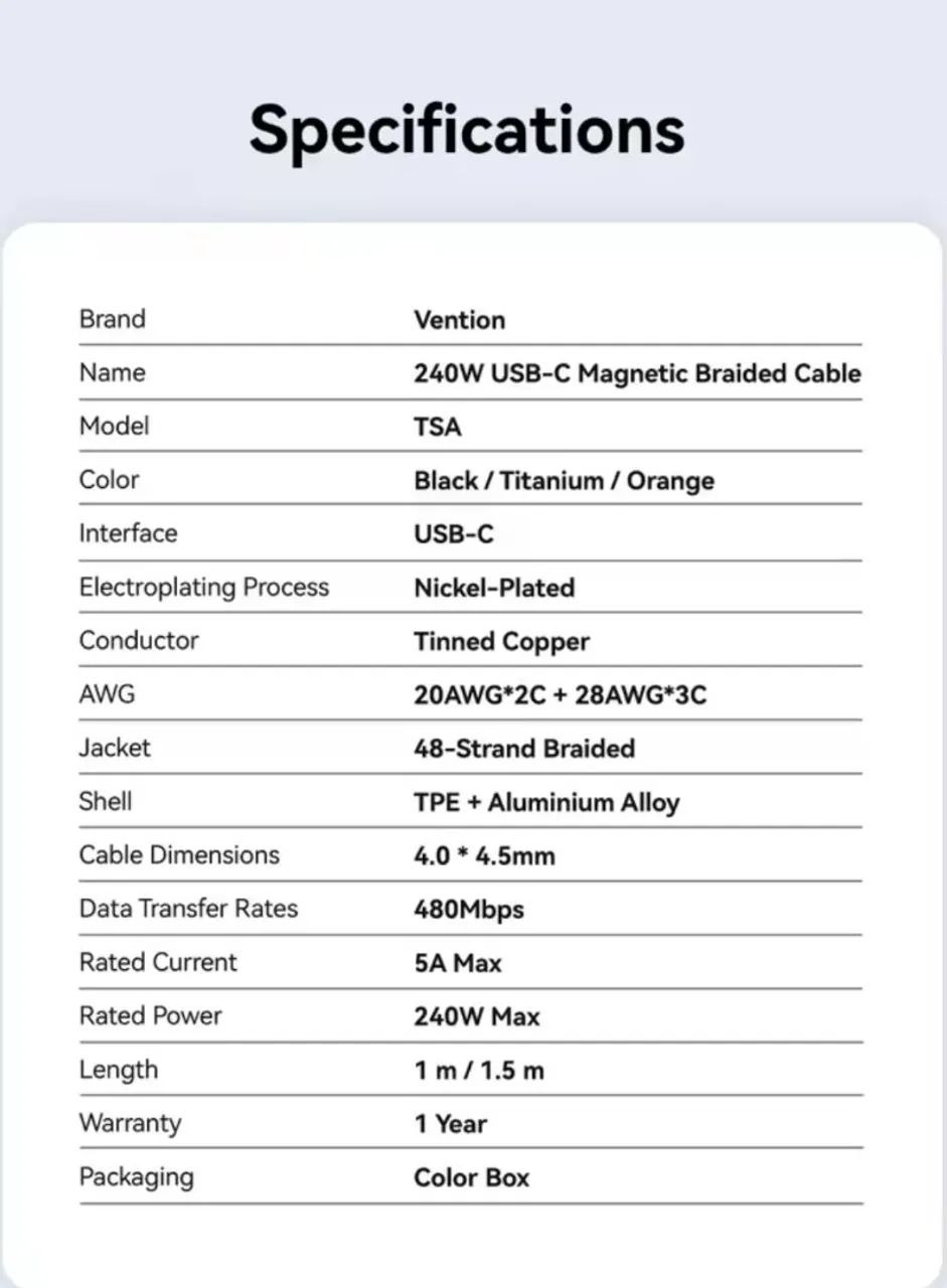 Cabo usb-c/c Vention 240W  nylon Magnético Lacrado  - Foto 3