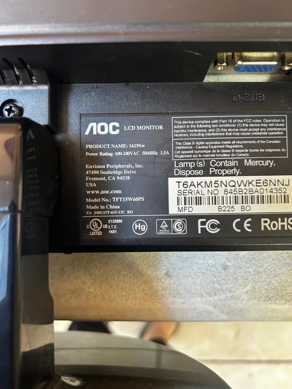 Monitor AOC 15" modelo 1619SW VGA - Foto 2