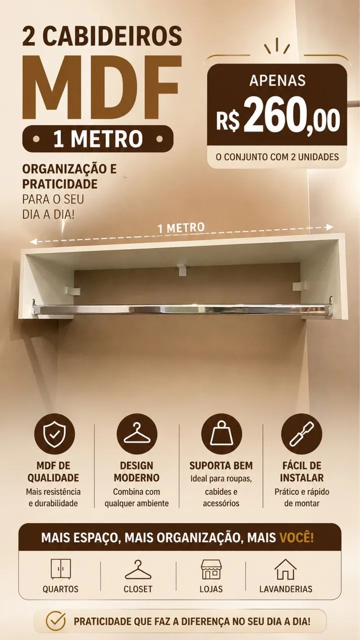 2 Cabideiros de roupas de mdf 1,00 metro 