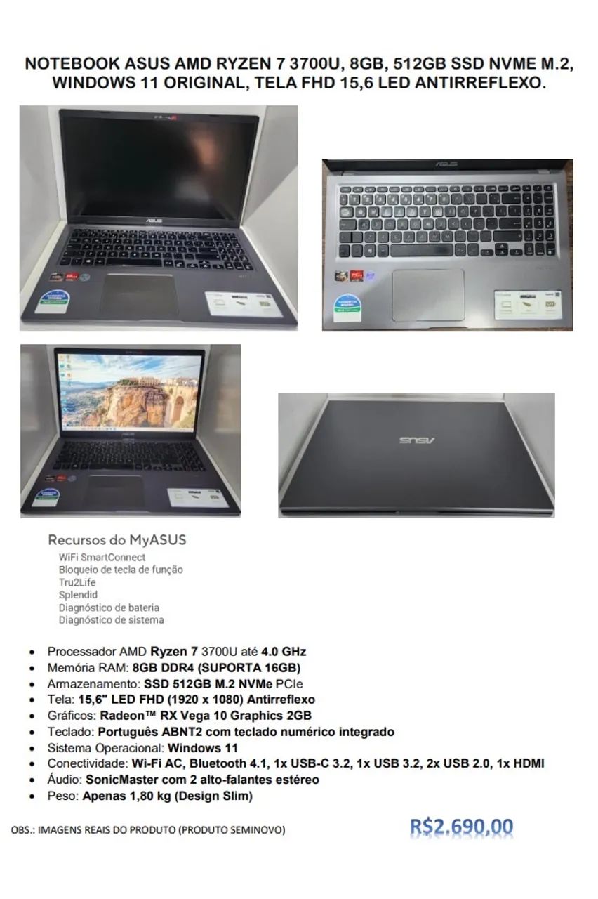 Notebook ASUS Ryzen 7 | SSD NVMe 512GB | Windows 11 Original