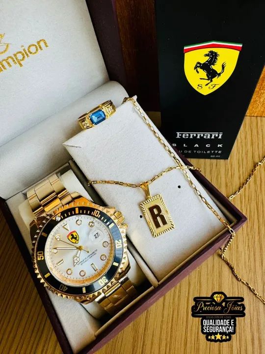 Kit relógio masculino top cordão com medalha de letra e anel e perfume  - Foto 2