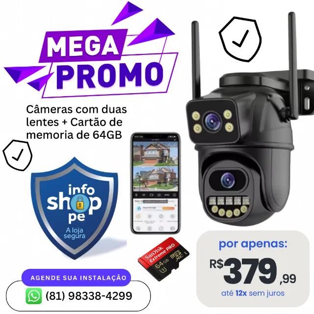 Câmeras de Segurança com Duas Lentes, Cartão de Memória e Instalação Inclusa