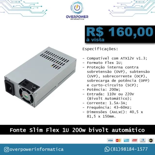 Fonte de alimentação Slim Flex 1U 200w bivolt automático BLU200-EAUTO-1U Bluecase