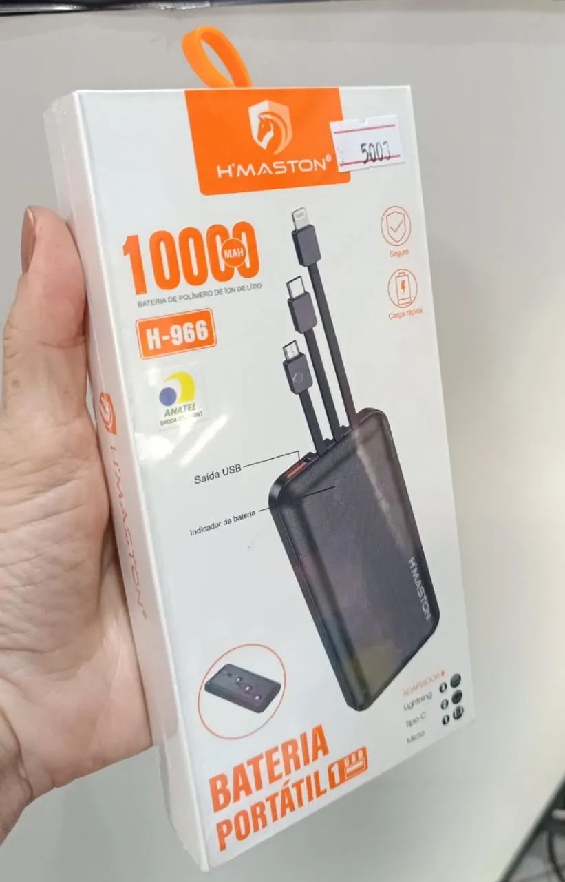 Carregador Portátil 10.000mah Power Bank Hmaston H966  3 Cabos + Usb Loja Coimbra Entrega
