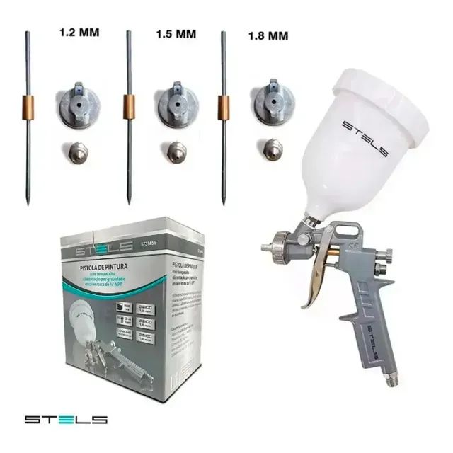 PISTOLA DE PINTURA TANQUE ALTO 1000ML C/ 3 BICOS 1,2/ 1,5/ 1,8MM STELS - 5731555 - Foto 3