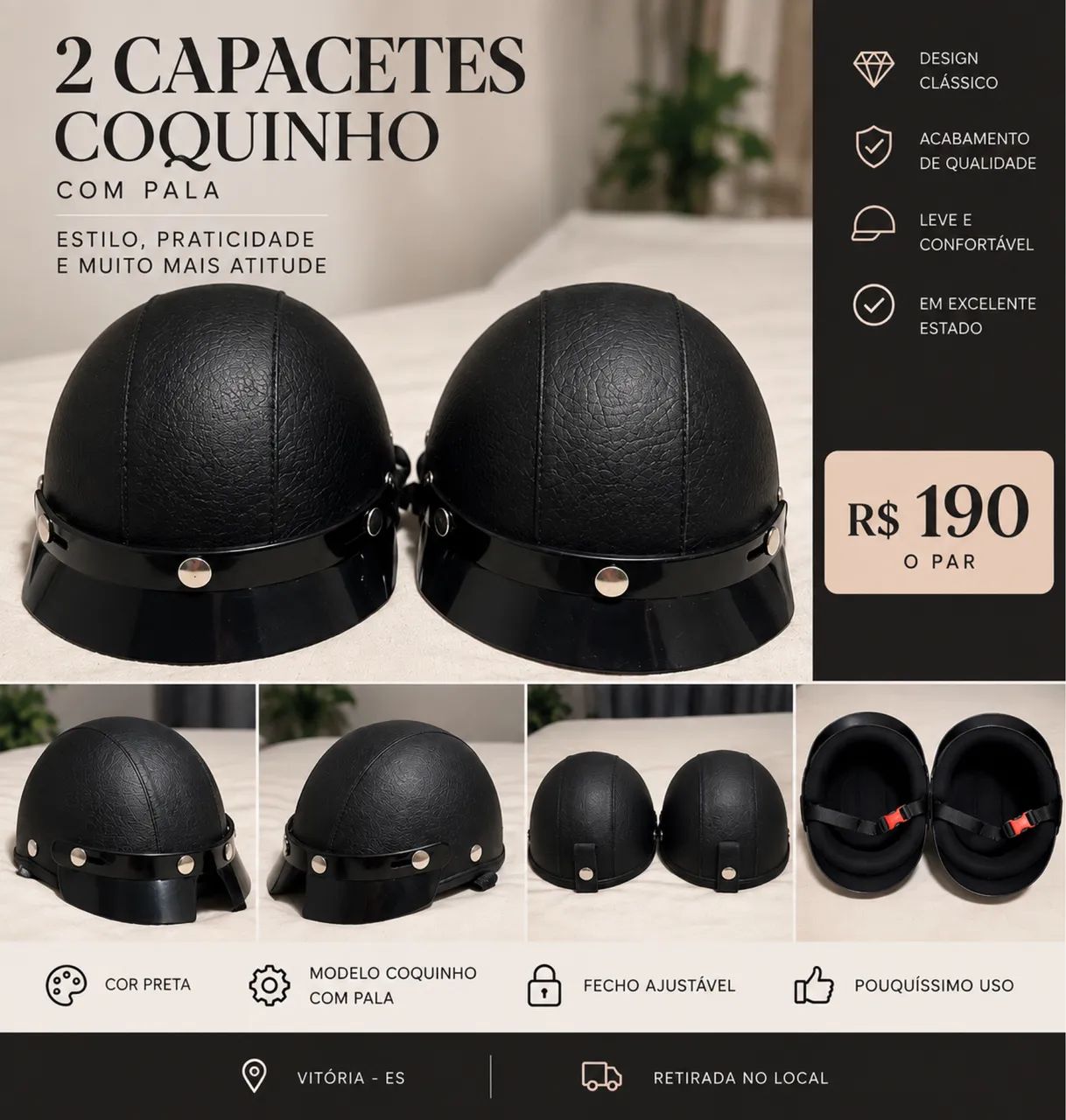 Capacetes Coquinho Pretos com Pala - Par ou Individual