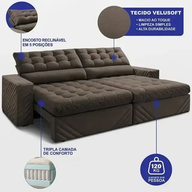 Sofá Retrátil E Reclinável 2,70m Molas Ensacadas Max Spring 