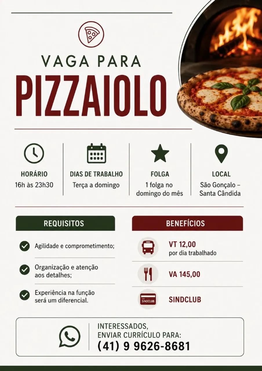 Vaga para pizzaiolo 