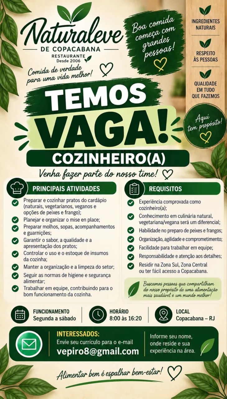 Vaga cozinheiro (a)