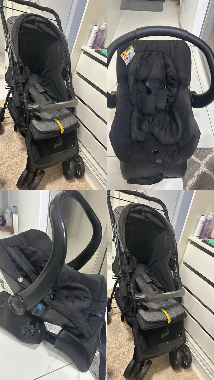 Kit carrinho de bebê, mais bebê com forto e base para carro.